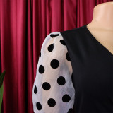 Women Summer mesh flocked puff sleeves V-neck Bodycon dress