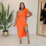 Solid Ruffled Slash Shoulder Slit Two Piece Skirt Set