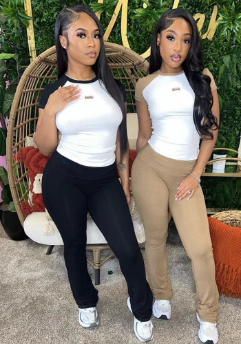 Women's Spring Summer Color Matching Sports Dance Fitness Yoga Short-Sleeved Two-Piece Pants Set