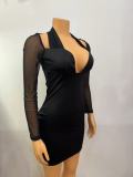 Women Halter Neck Sexy Mesh Patchwork Long Sleeve Bodycon Dress