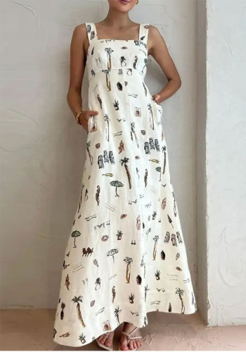 Bow Lace-Up Summer Women's Printed Strap Casual Long Dress