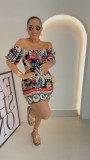 Women Printed Backless Balloon Sleeve Off Shoulder Two-Wear Dress
