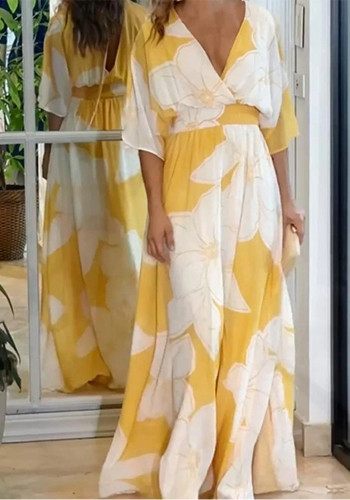 Spring Summer Women's Fashion Chic Printed V-Neck Low Back Maxi Dress