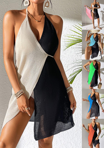 Hollow Blouse Cover-Up Women's Contrast Color Patchwork Sexy Halter Neck Lace-Up Irregular Dress