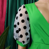 Women Summer mesh flocked puff sleeves V-neck Bodycon dress