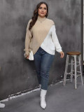 Plus Size Women's Autumn Winter Pullover Tops Contrast Color Patchwork Crossover Woven Sweater