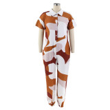 Women Turndown Collar Loose Irregular Print Jumpsuit