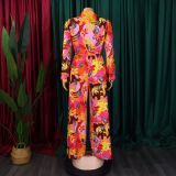 Women Printed Turndown Collar Lace-Up Shirt Wide Leg Pants Two-Piece Set