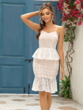 Women Summer Herringbone Belted Ruffle Strapless Dress