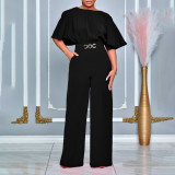Plus Size African Women Summer Round Neck Solid Wide Leg Jumpsuit