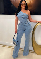 Slash Shoulder Slim Fit Stretch Washed Bell Bottom Denim Jumpsuit Slash Shoulder Slim Fit Stretch Washed Bell Bottom Denim Jumpsuit