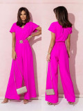 Fashionable Short-Sleeved V-Neck Solid Color Slim-Fit Jumpsuit