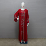 Women Muslim Beaded Fake Two Piece Chiffon Patchwork Belted Robe