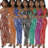 Summer Women's Zebra Print Sleeveless Hollow Long Dress