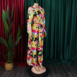 Women Printed Turndown Collar Lace-Up Shirt Wide Leg Pants Two-Piece Set
