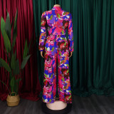 Women Printed Turndown Collar Lace-Up Shirt Wide Leg Pants Two-Piece Set