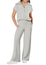 Women Casual Solid Zipper Shirt And Wide Leg Pants Two Piece Set