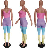Spring Summer Women's Multicolor Patchwork Strap Sexy Jumpsuit