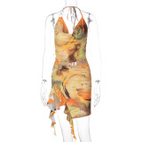 Women Summer Printed Sexy Backless Strappy Dress