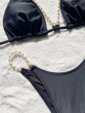 Women Bikini Sexy Backless Lace-Up Solid Swimwear