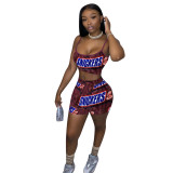 Women Nostalgic Letter Printed Tank Top Shorts Sports Two-piece Set