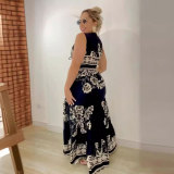 Women Printed Patchwork Lace-Up Hollow Sleeveless Dress