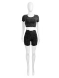Fashionable Women's Clothing Solid Color Cotton Blending Short Sleeve High-Waisted Two-Piece Shorts Set