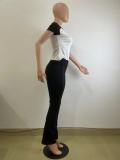 Women's Spring Summer Color Matching Sports Dance Fitness Yoga Short-Sleeved Two-Piece Pants Set