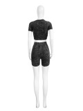 Fashionable Women's Clothing Solid Color Cotton Blending Short Sleeve High-Waisted Two-Piece Shorts Set