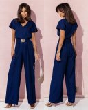 Fashionable Short-Sleeved V-Neck Solid Color Slim-Fit Jumpsuit