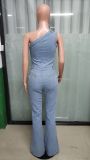 Slash Shoulder Slim Fit Stretch Washed Bell Bottom Denim Jumpsuit