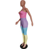 Spring Summer Women's Multicolor Patchwork Strap Sexy Jumpsuit