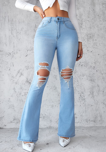 Women Spring/Summer Ripped Denim Bell Bottom Pants