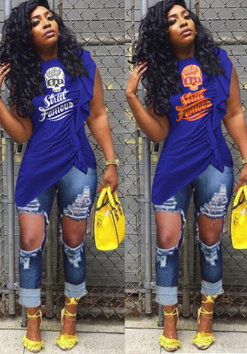 Women Letter Printed Ruffle Sleeve Irregular T-Shirt