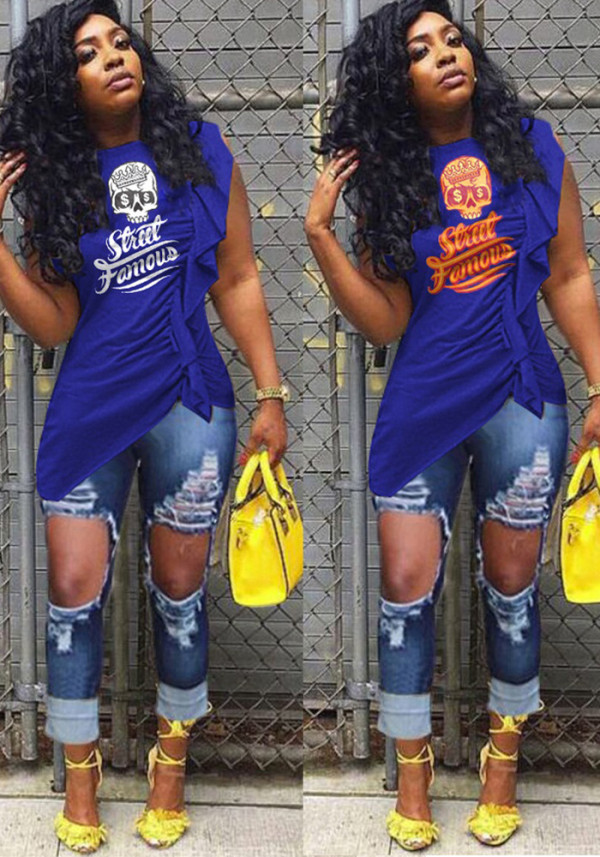 Women Letter Printed Ruffle Sleeve Irregular T-Shirt