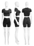 Fashionable Women's Clothing Solid Color Cotton Blending Short Sleeve High-Waisted Two-Piece Shorts Set