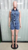 Sleeveless Belt Waist Slim Fit Stretch Washed Denim Short Jumpsuit