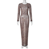 Women Summer Sexy Mesh Print See-Through Long Sleeve Dress