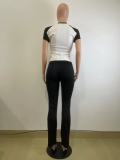 Women's Spring Summer Color Matching Sports Dance Fitness Yoga Short-Sleeved Two-Piece Pants Set