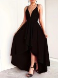 Women Solid Suspender V-neck Backless Irregular Strap Dress