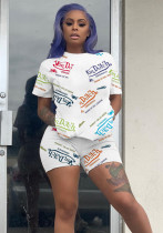 Women Sexy Letter Print Round Neck Short Sleeve Top and Shorts Two Piece Set