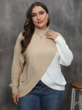 Plus Size Women's Autumn Winter Pullover Tops Contrast Color Patchwork Crossover Woven Sweater