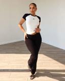 Women's Spring Summer Color Matching Sports Dance Fitness Yoga Short-Sleeved Two-Piece Pants Set