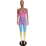 Spring Summer Women's Multicolor Patchwork Strap Sexy Jumpsuit