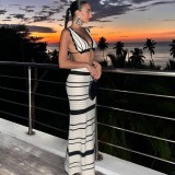 Women Beach Bohemian Contrast Stripe Bikini Casual Tank Top and Skirt Two Piece Set