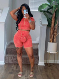 Fashionable Women's Clothing Solid Color Cotton Blending Short Sleeve High-Waisted Two-Piece Shorts Set