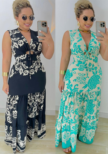 Women Printed Patchwork Lace-Up Hollow Sleeveless Dress