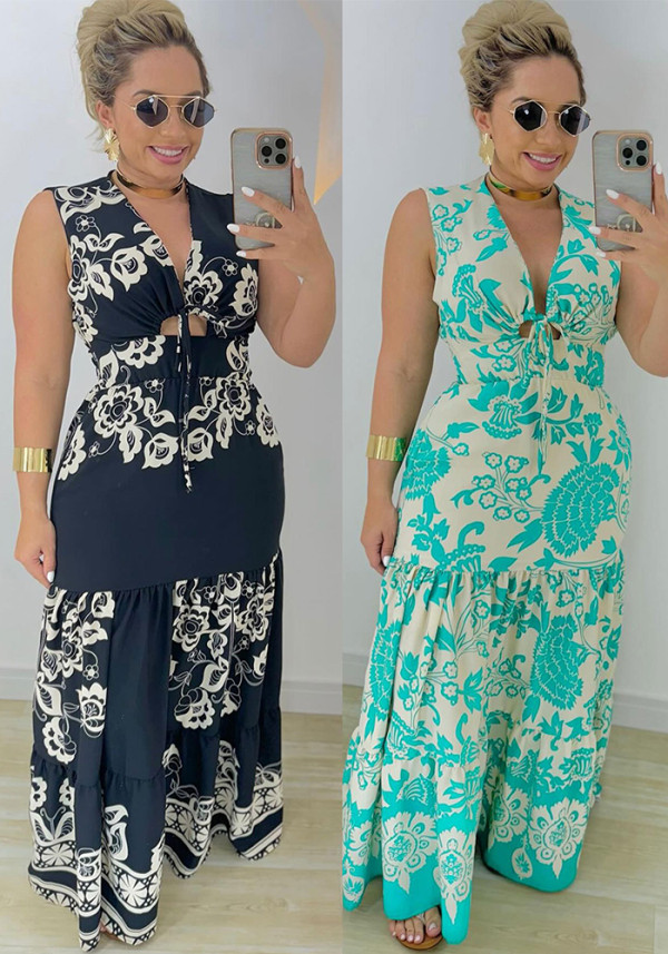 Women Printed Patchwork Lace-Up Hollow Sleeveless Dress