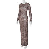 Women Summer Sexy Mesh Print See-Through Long Sleeve Dress