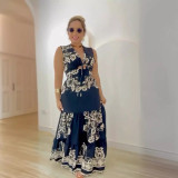 Women Printed Patchwork Lace-Up Hollow Sleeveless Dress